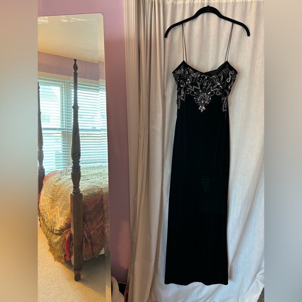 Gorgeous Black Velvet Maxi Dress Spaghetti Straps with amazing beadwork detail